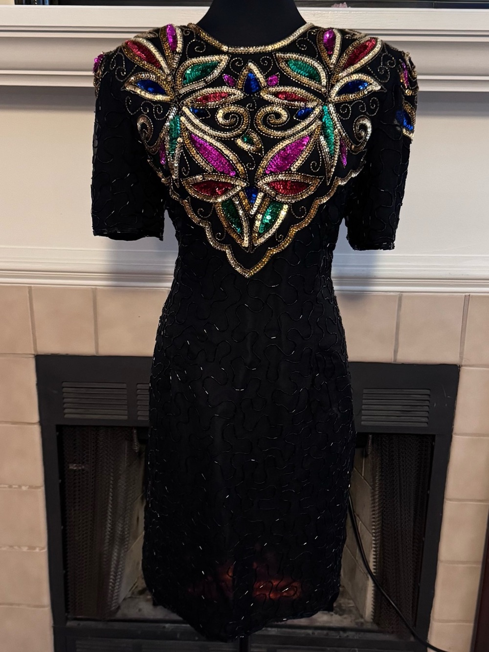 Vintage Stenay Black Beaded Midi Cocktail Dress w/ Multi Colored Sequined Bodice